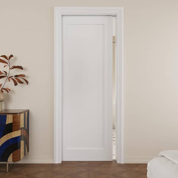 30 in. x 80 in. Paneled White Primed Wood Sliding Pocket Door with Pocket Door Frame and Hardware Kit