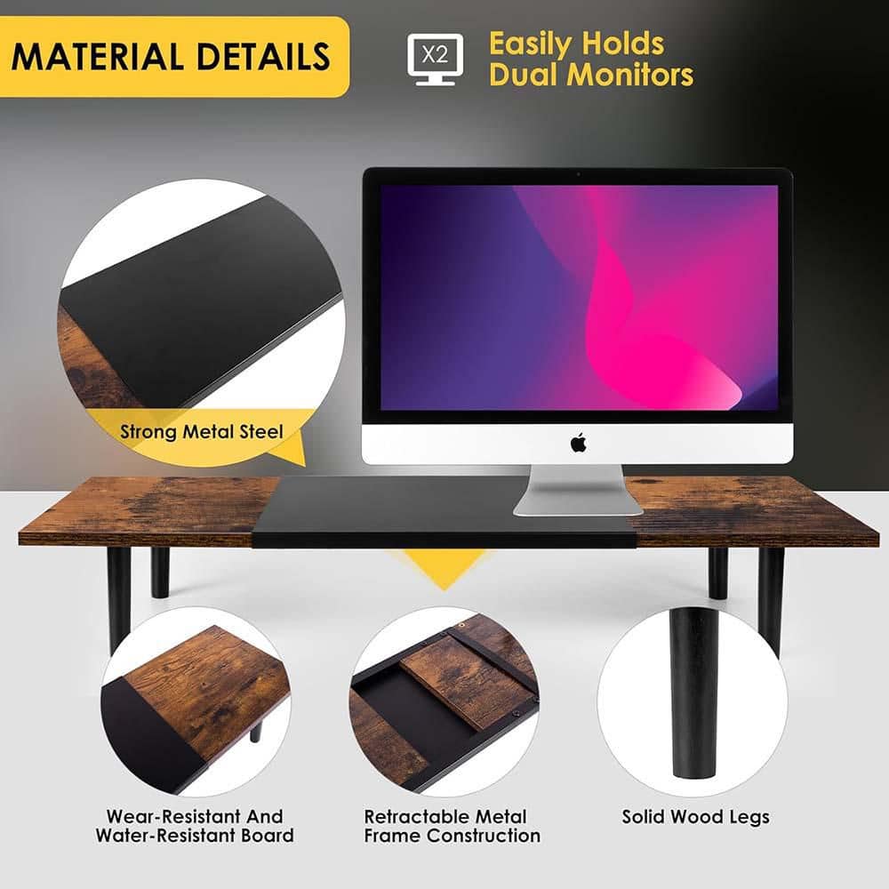 Dual Monitor Stand Riser Adjustable Length 32-40 Inch Desktop Organizer for Computer/Laptop/PC/Printer/TV Brown - Thumbnail 4