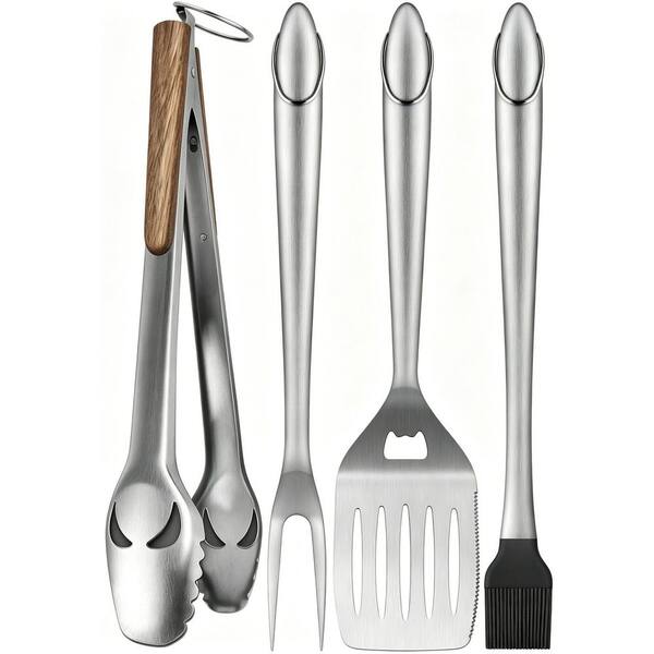 4-Piece BBQ Tools, Grill Tools Set, Grill Accessories with BBQ Tongs, Spatula, Fork and Brush, BBQ Accessories
