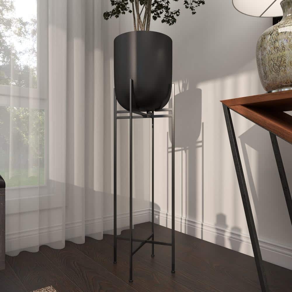 Modern Capsule-Shaped Black Iron Floor Planter with Stand