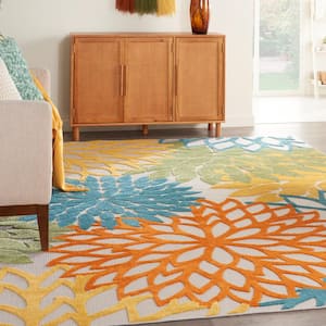 Aloha Contemporary Turquoise Multicolor 8 ft. x 11 ft. Floral Indoor/Outdoor Patio Area Rug