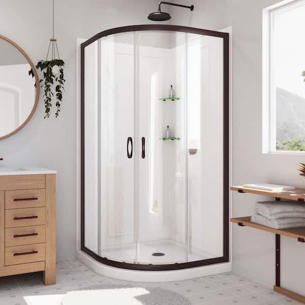 DreamLine Prime 33 in. W x 76.75 in. Semi Frameless Sliding Corner Shower Kit in Oil Rubbed Bronze with Base and Backwalls