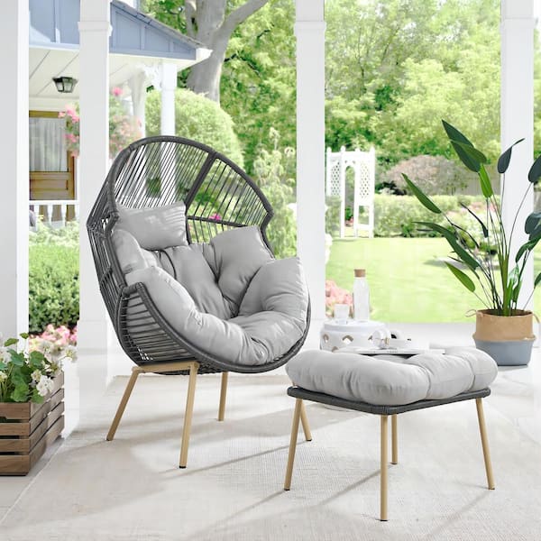 Gymojoy Corina Gray Egg Chair Wicker Outdoor Lounge Chair with Gray Cushion