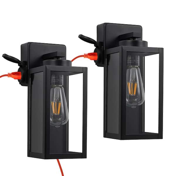 C Cattleya 12.5 in. Matte Black Outdoor Hardwired Wall Lantern Sconce with Built-in Outlet, No Bulbs Included (2-Pack)