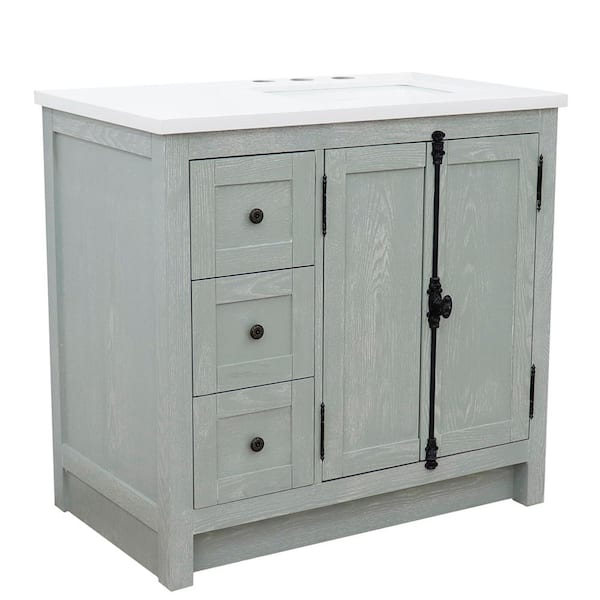 Bellaterra Home 37 in. W 22 in. D x 36 in. H Bath Vanity in Gray Ash with White Quartz Vanity Top with Right Side Rectangular SInk