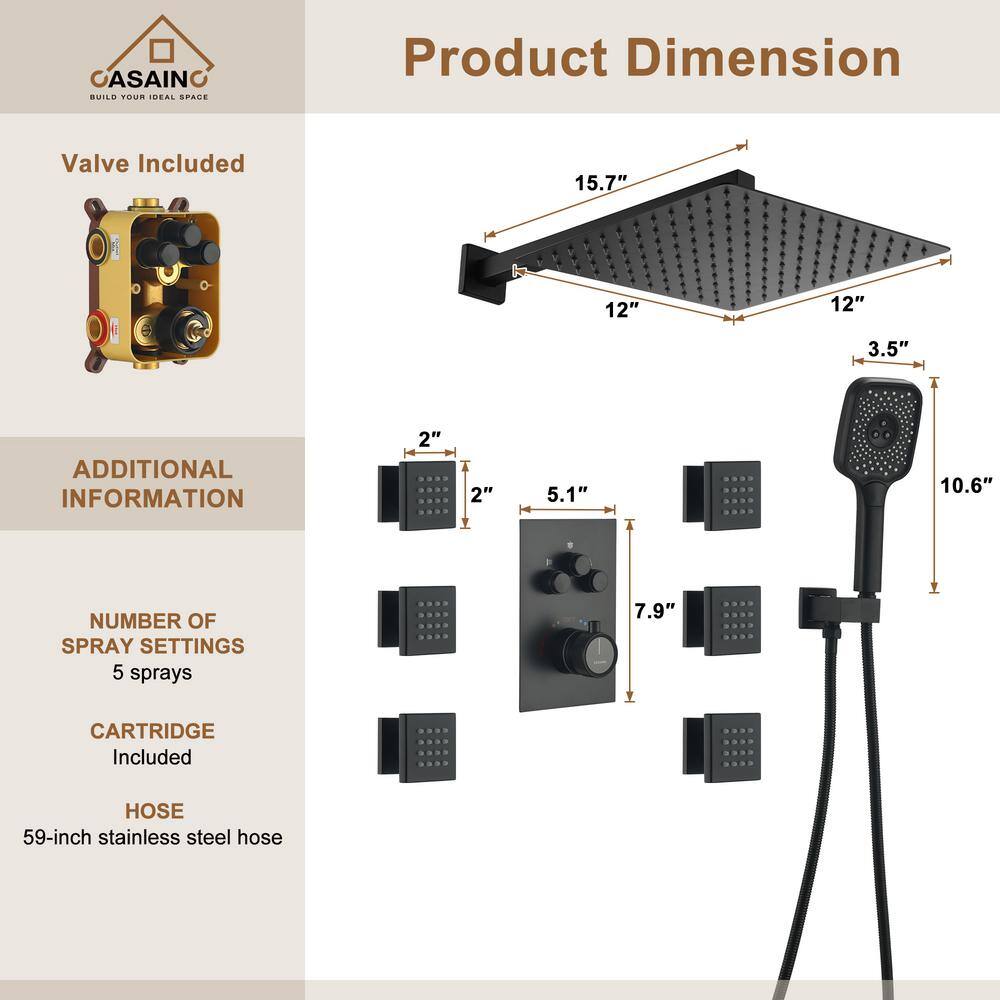 Matte Black 12-Inch Stainless Steel Multi-Head Wall Mounted Shower System