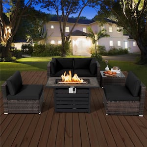 6-Piece Plastic Wicker Patio Conversation Set with Black Cushion 42 in. Fire Pit Table