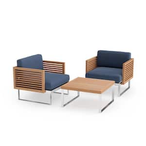 Monterey 3 Piece Stainless Steel Teak Outdoor Patio Conversation Set with Spectrum Indigo Cushions and Coffee Table