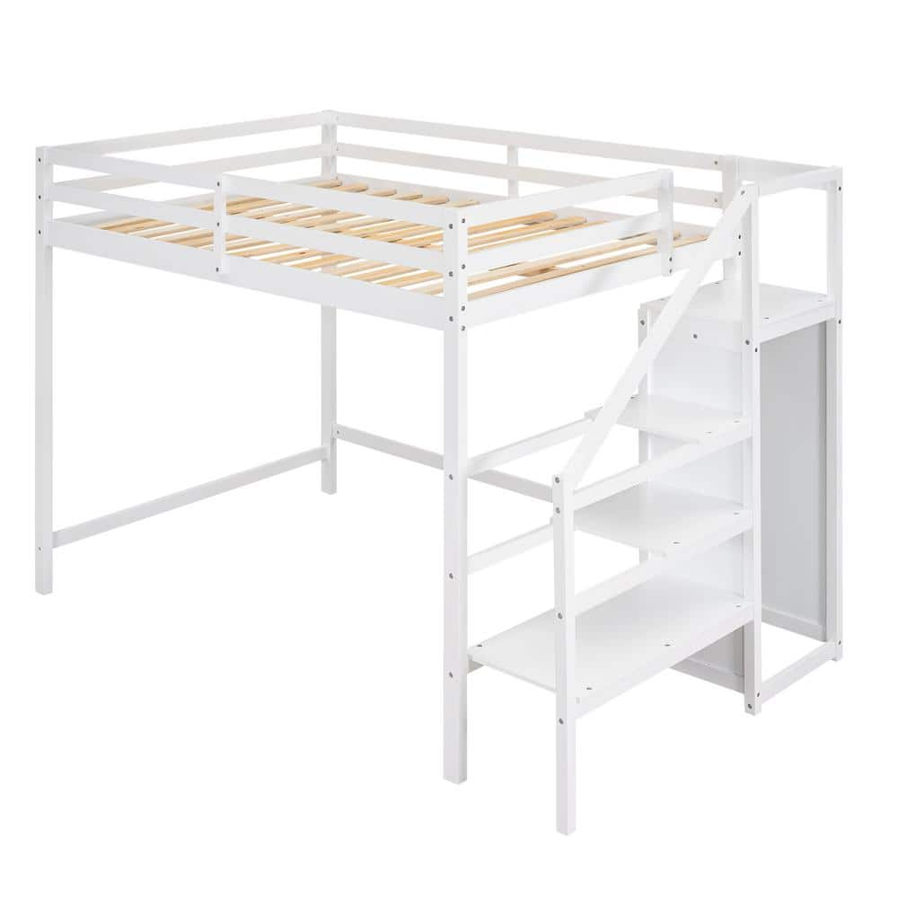 URTR White Full Size Loft Bed with Built-in Storage Wardrobe and ...