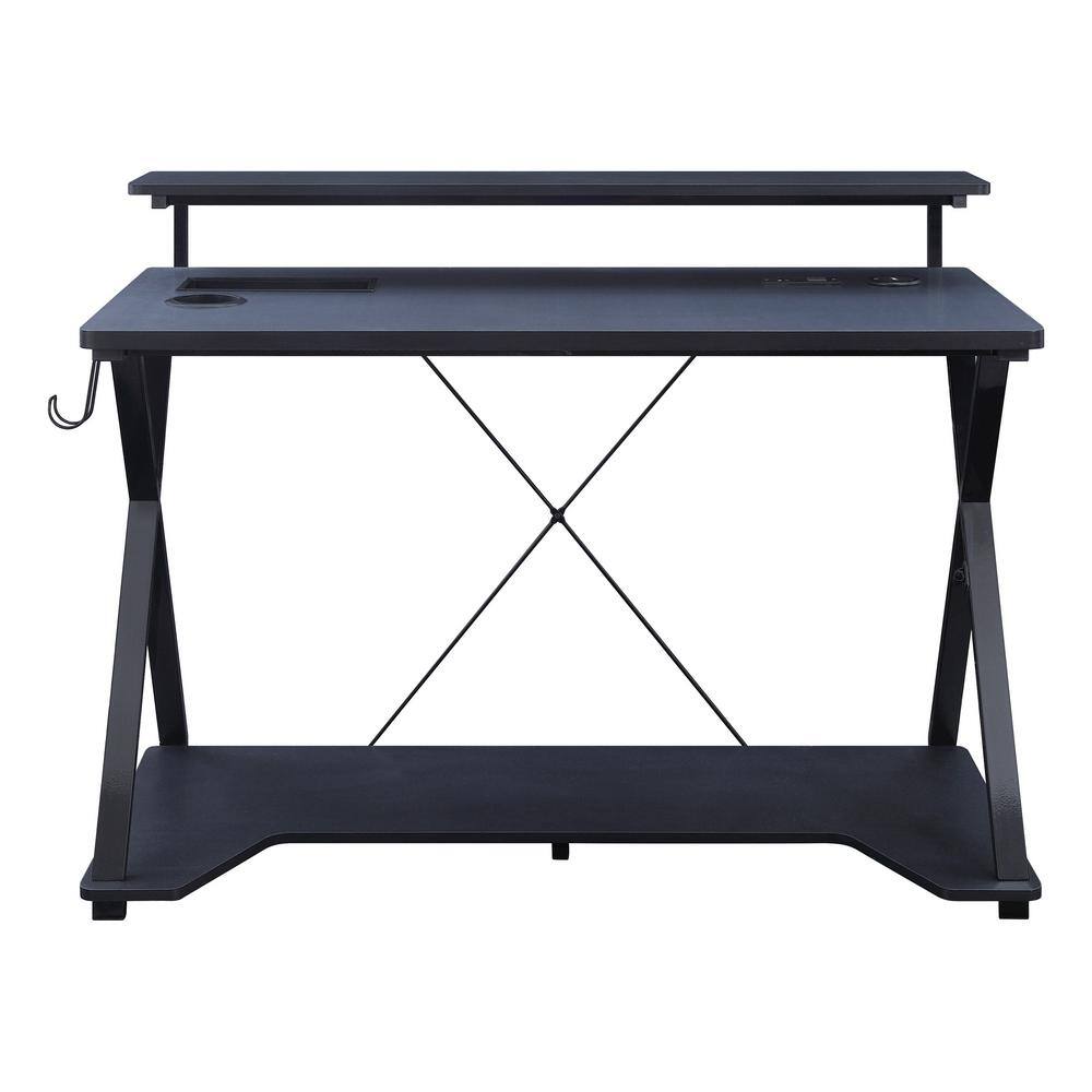 Black Gaming Desk with RGB LED Lights and Dual Monitor Shelf