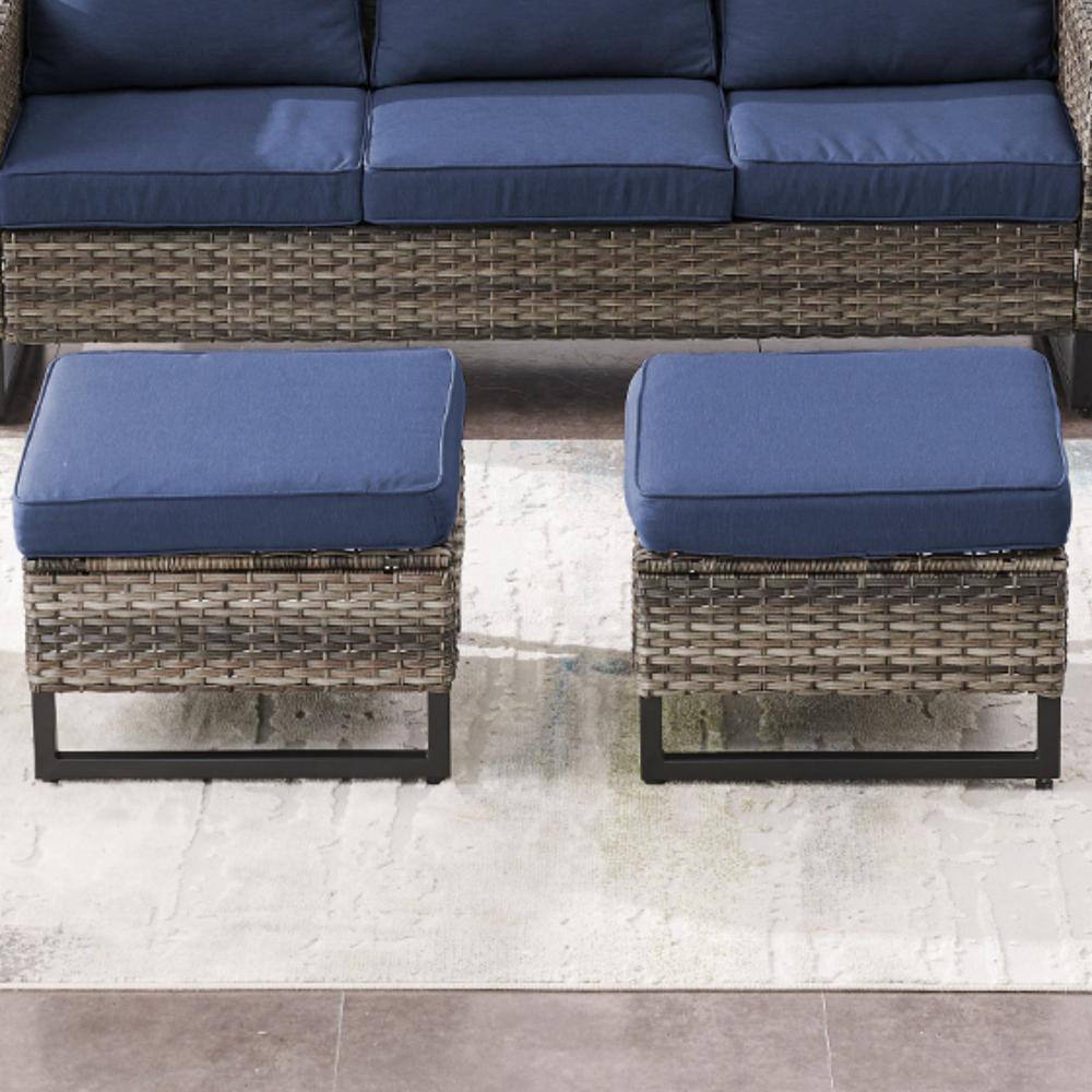 Gray Wicker Outdoor Ottoman with Blue Cushions (2-Pack)