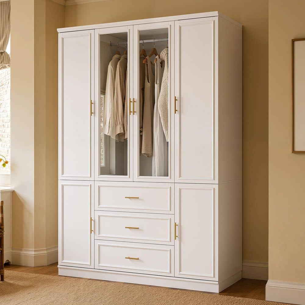 White 86.6 in. H Accent Cabinet Office Storage Cabinet with 8-Shelves, 3-Drawers, Hanging Rod, Glass Doors