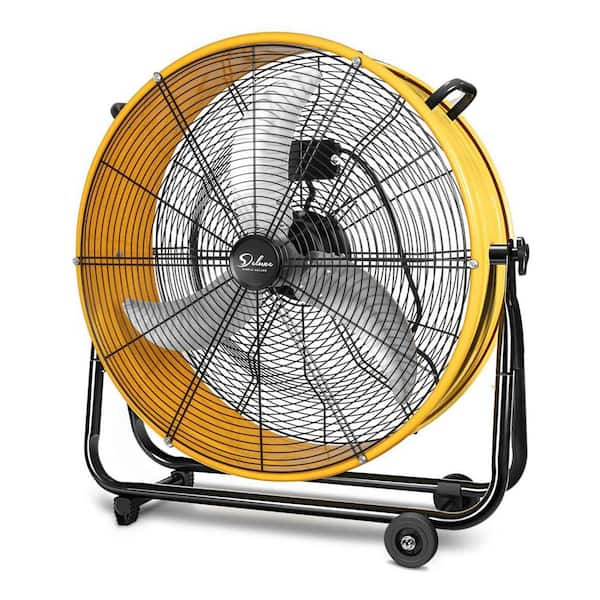 24 in. 3-Speed High Velocity Air Movement Heavy Duty Metal Drum Fan Floor Fan in Yellow with Castors