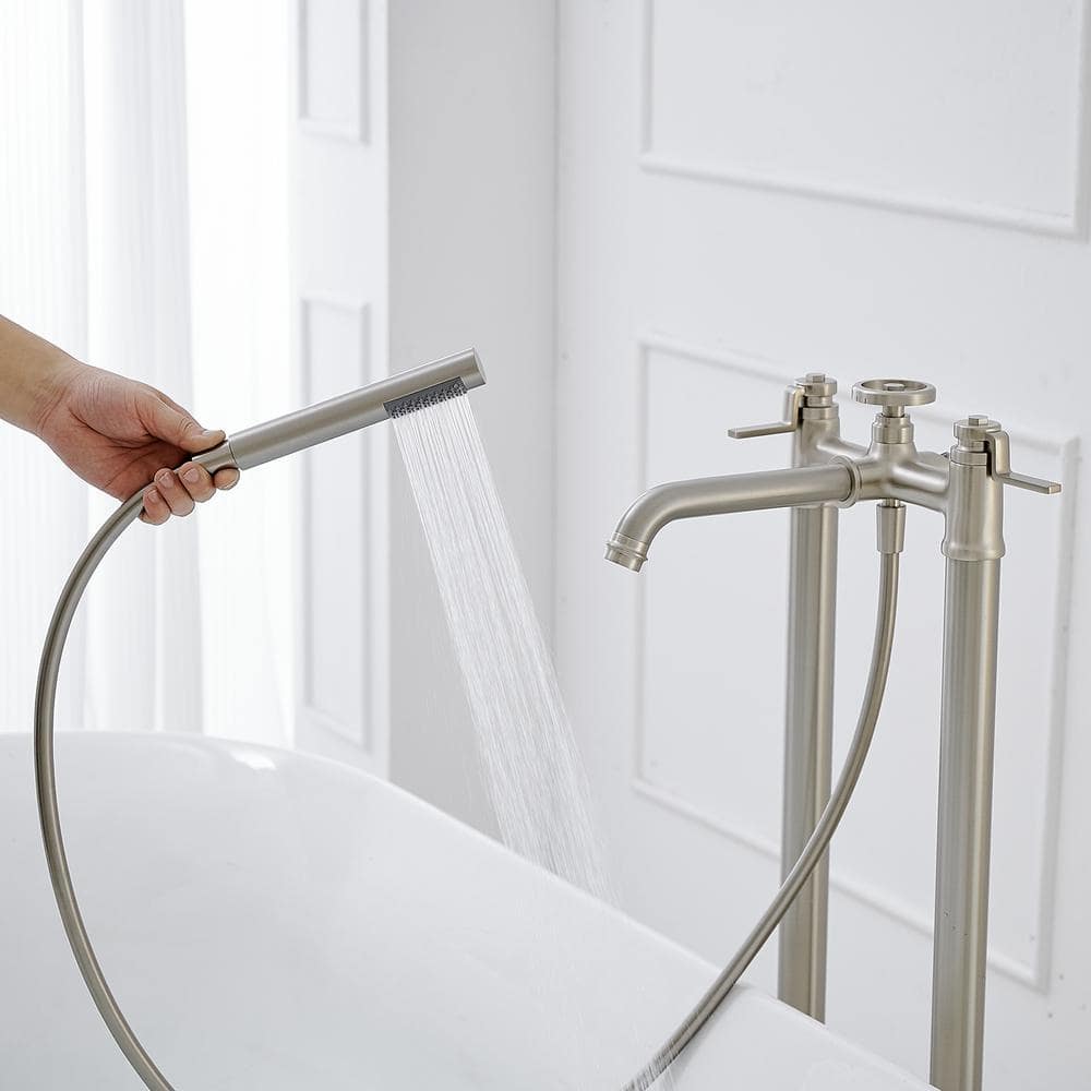 Brushed Nickel Freestanding Floor Mount Tub Faucet with Hand Shower