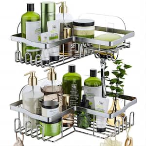 Corner Shower Caddy with Shampoo Holder, 2-Pack Shower Organizer Shower Storage Shelf with 11 Hooks in Silver