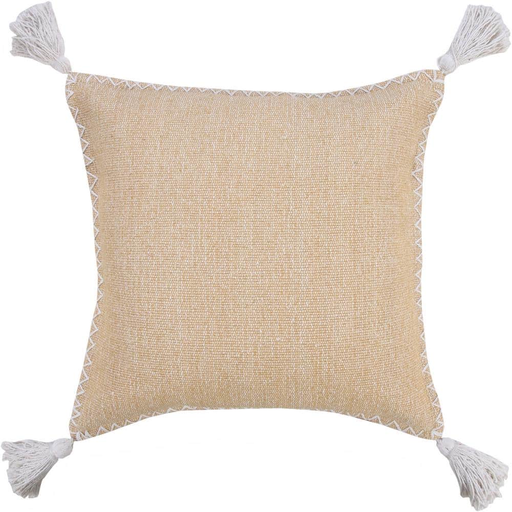 Solid Tan / White 20 in. x 20 in. Tassels Stonewash Boho Farmhouse Embroide