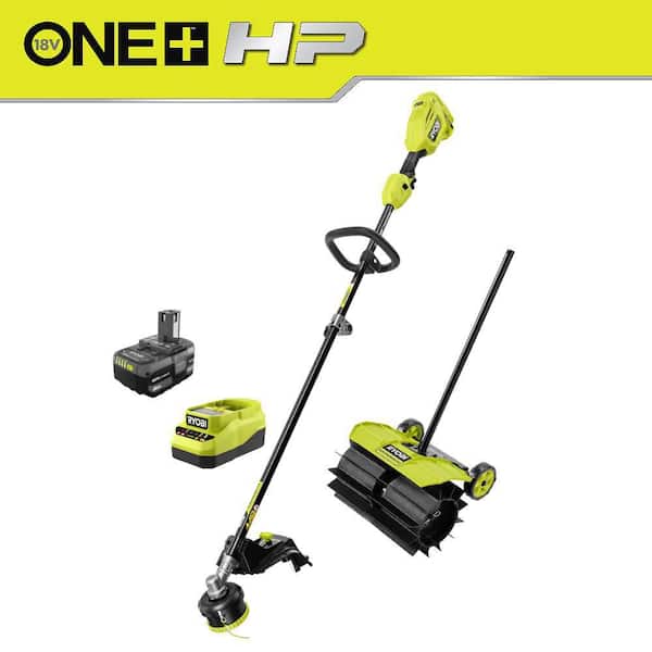 ONE+ HP 18V Brushless 15 in. Attachment Capable String Trimmer & Rubber Sweeper Attachment w/ 4.0 Ah Battery & Charger