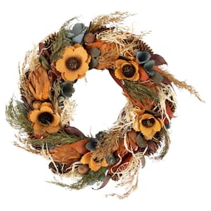 12 in. Unlit Sunflower and Straw Artificial Fall Harvest Wreath