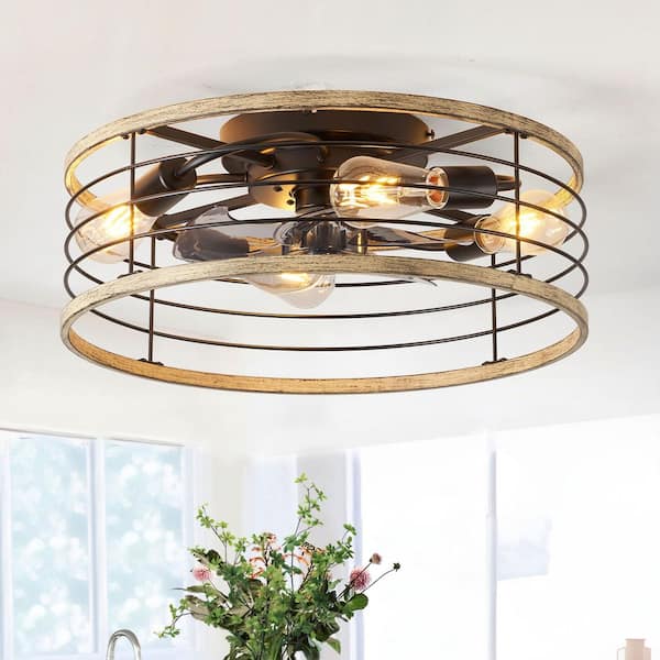 20 in. Black Indoor Standard Flush Mount Rustic Ceiling Fan with Light and Remote Low Profile Farmhouse Ceiling Light