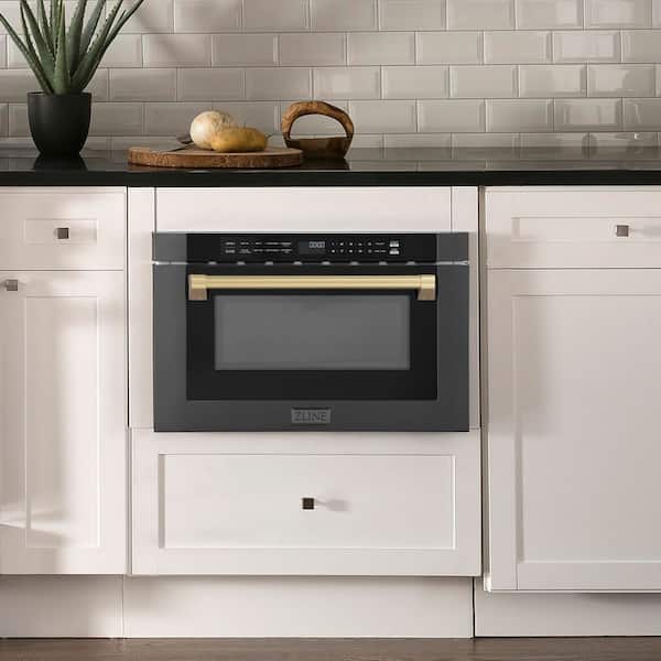 Autograph Edition 24 in. Built-In Microwave Drawer in Black Stainless Steel and Traditional Champagne Bronze Handle