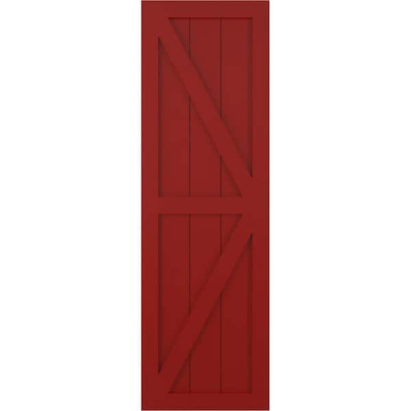 Ekena Millwork 18 in. x 29 in. True Fit PVC 2 Equal Panel Farmhouse Fixed Mount Z-Bar Board and Batten Shutters Pair in Fire Red
