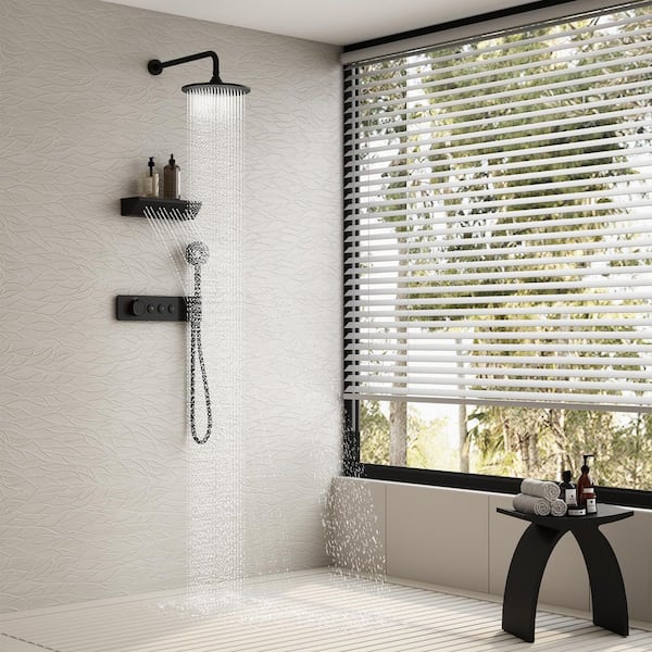 Single-Handle 4-Spray Wall Mounted Thermostatic Shower Faucet 2.5 GPM with Body Spray in Matte Black