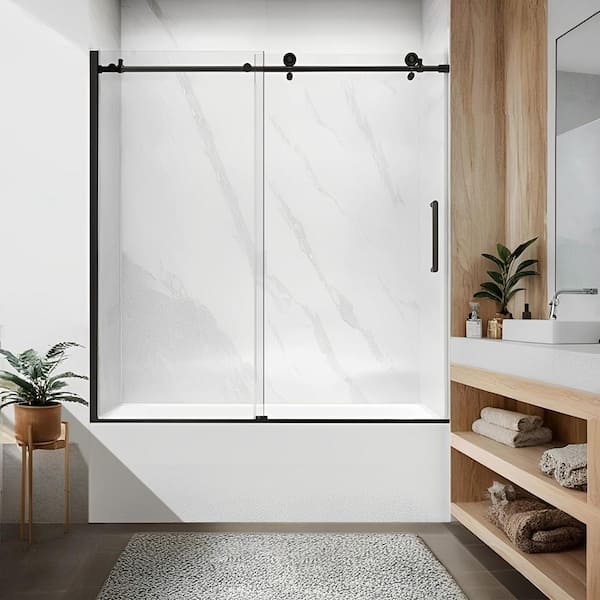 60 in. W x 60 in. H Sliding Frameless Tub Door in Matte Black Finish with Clear Glass