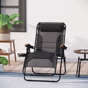Grey and Black Metal Oversized Padded Folding Zero Gravity Chair with Cup Holder Outdoor Patio Adjustable Recliner