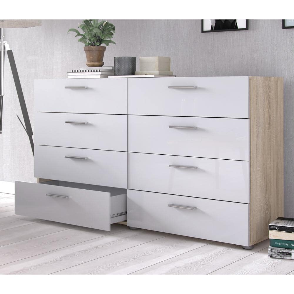 White and Oak Double 8-Drawer Modern Dresser