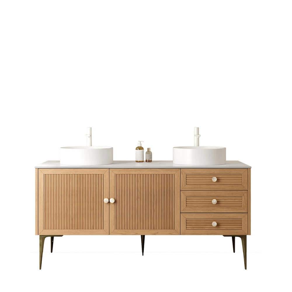 60 in. W Double Sink Freestanding Oak Bath Vanity with White Engineered Stone Top price history on PriceWatchPro