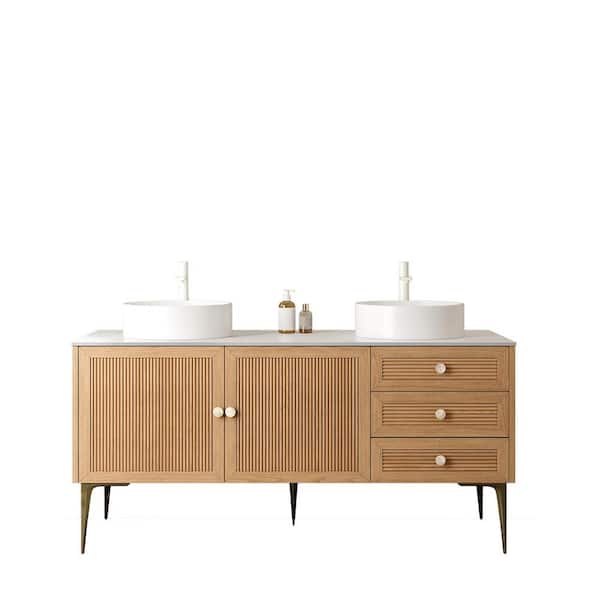 TCYO 60 in. W Double Sink Freestanding Oak Bath Vanity with White Engineered Stone Top