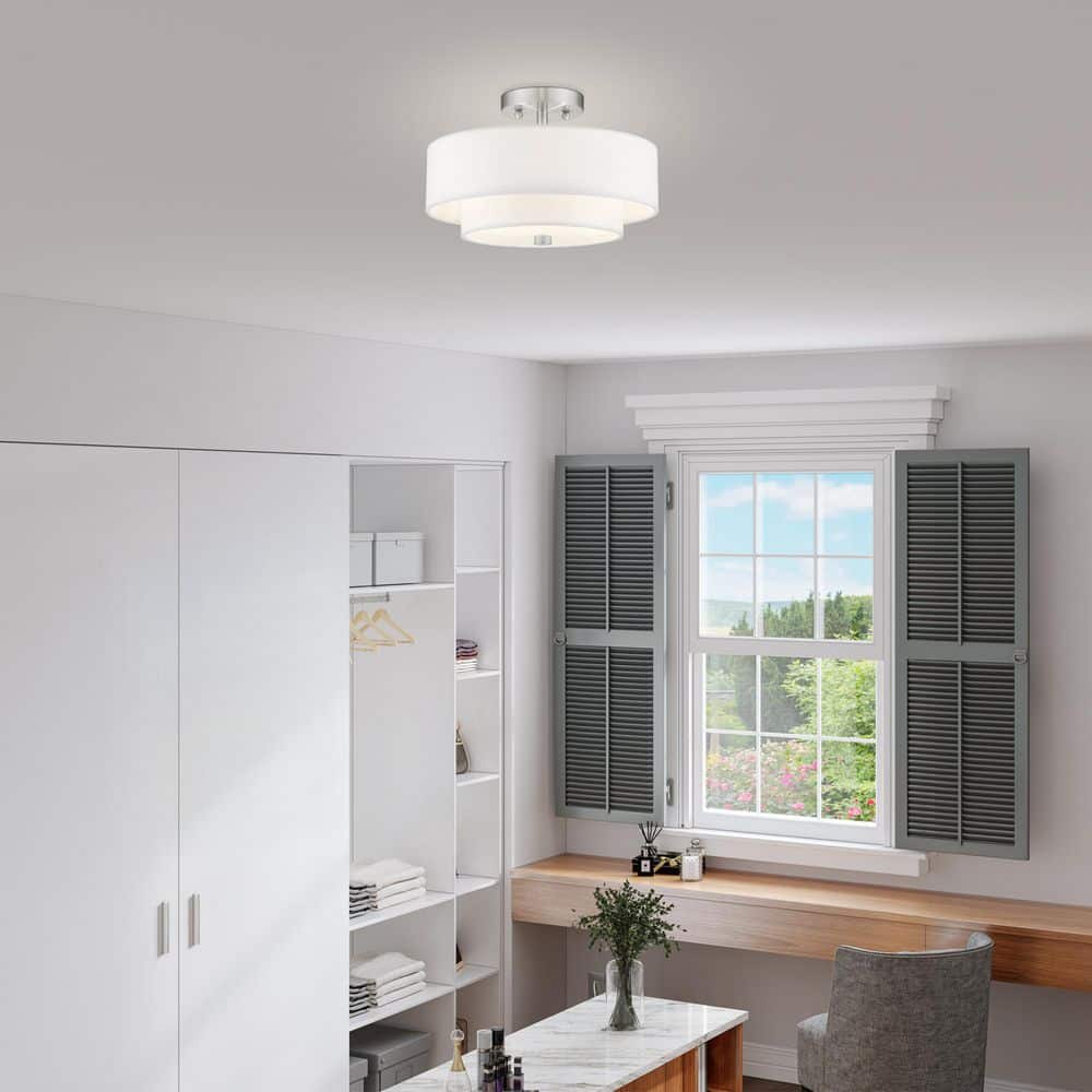 Claremont Brushed Nickel 2-Light Semi-Flush Drum with Off-White Shade
