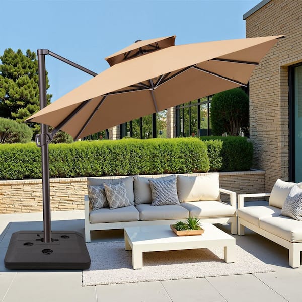 brown patio umbrella base stand included 10 ft 13 ft. x 10 ft. Double Top Rectangular Cantilever Patio Umbrella in Tan with 240 lbs. Base Stand in Brown