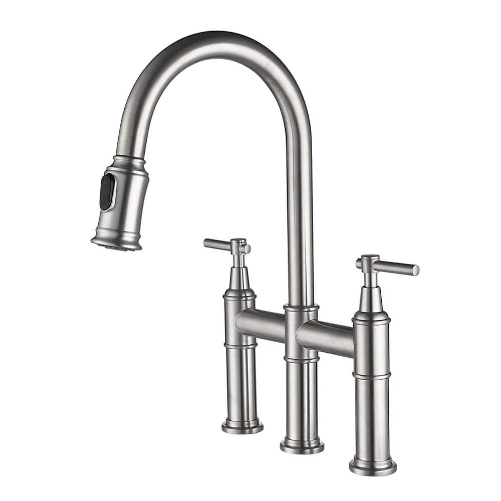 Double Handle Transitional Bridge Kitchen Faucet With Pull Down   Brushed Nickel Bridge Kitchen Faucets T C023n 64 1000 