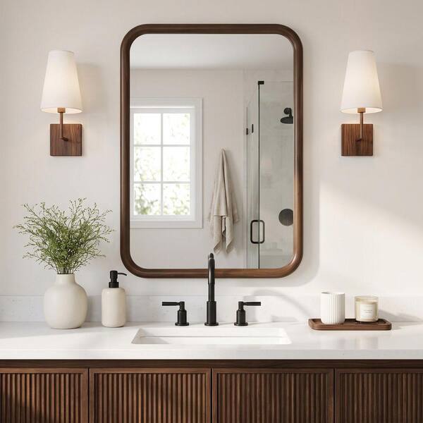 24 in. W x 36 in. H Modern Rectangular Brown Pine Wooden Framed Wall Bathroom Vanity Mirror