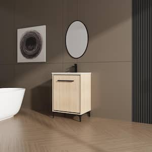 24 in. W Freestanding Single Sink Oak Bath Vanity with White Ceramic Top