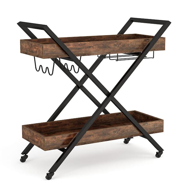 Tribesigns Scott Brown and Black Rolling Kitchen Cart with Glass Stemware Rack and Bottle Holders