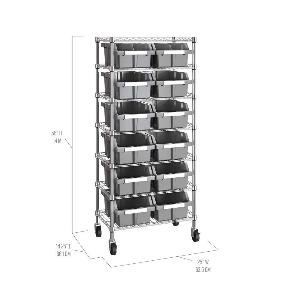 Gray 7-Tier Steel Wire Shelving Unit with 12 Bins