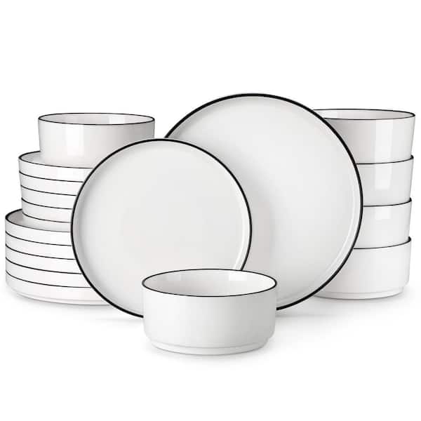 vancasso 18-Piece White Black Rim Porcelain Dinnerware Set Service for 6 Tableware with Dinner Plates Dessert Plates and Bowls