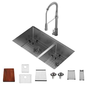 All-in-One 16- Gauge Stainless Steel 32 in. Double Bowl Undermount Workstation Kitchen Sink with Faucet and Accessories