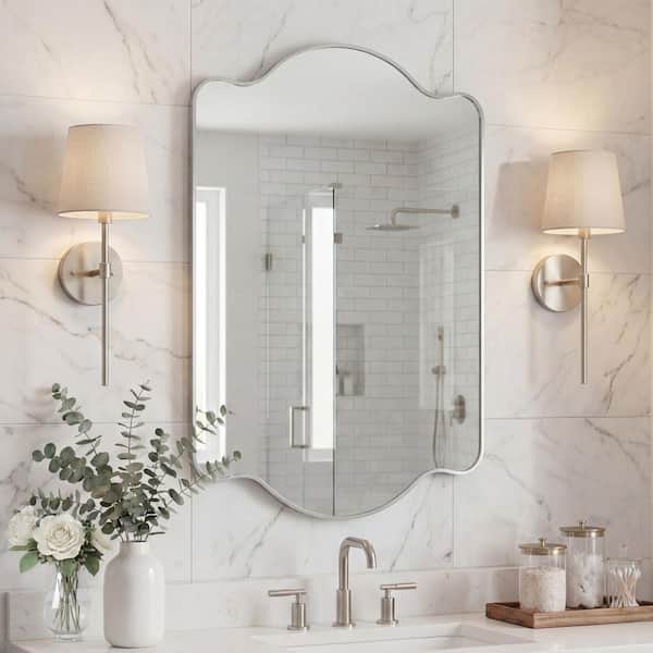 Louisa 24 in. W x 36 in. H Medium Scalloped Rectangular Metal Framed Wall Mirror, Nickel