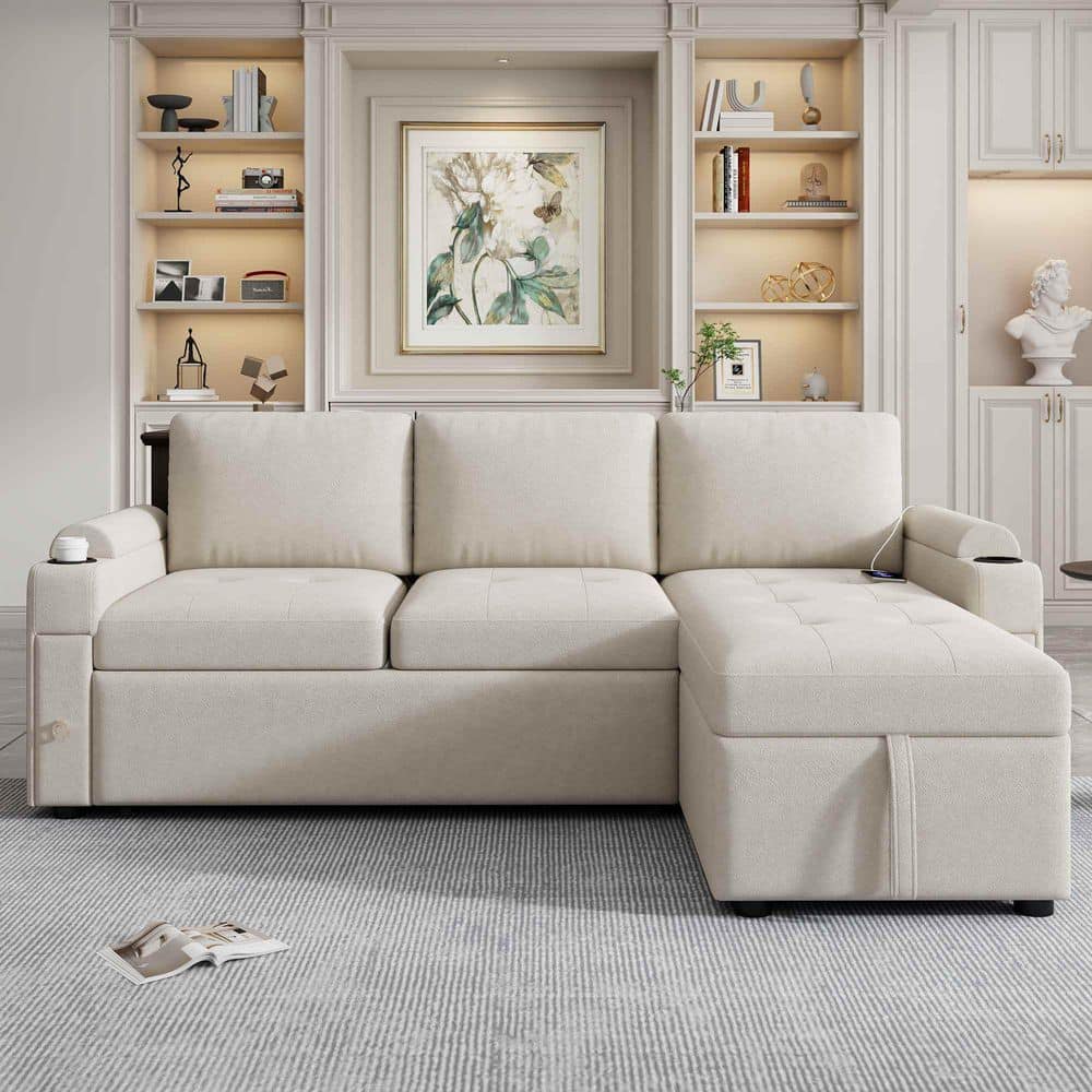 83.5 in. Square Arm Chenille Sectional Sofa with Ample Storage Space, 2 Cup Holders and 2 USB Ports in. Beige