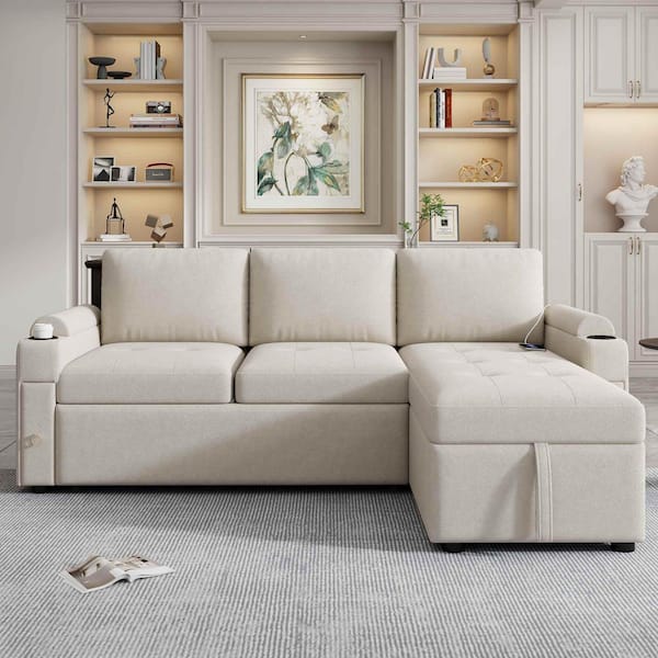 83.5 in. Square Arm Chenille Sectional Sofa with Ample Storage Space, 2-Cup Holders and 2 USB Ports in Beige