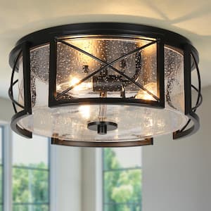 13 in. 3-Light Modern Black Industrial Drum Flush Mount Ceiling Light with Clear Seeded Glass