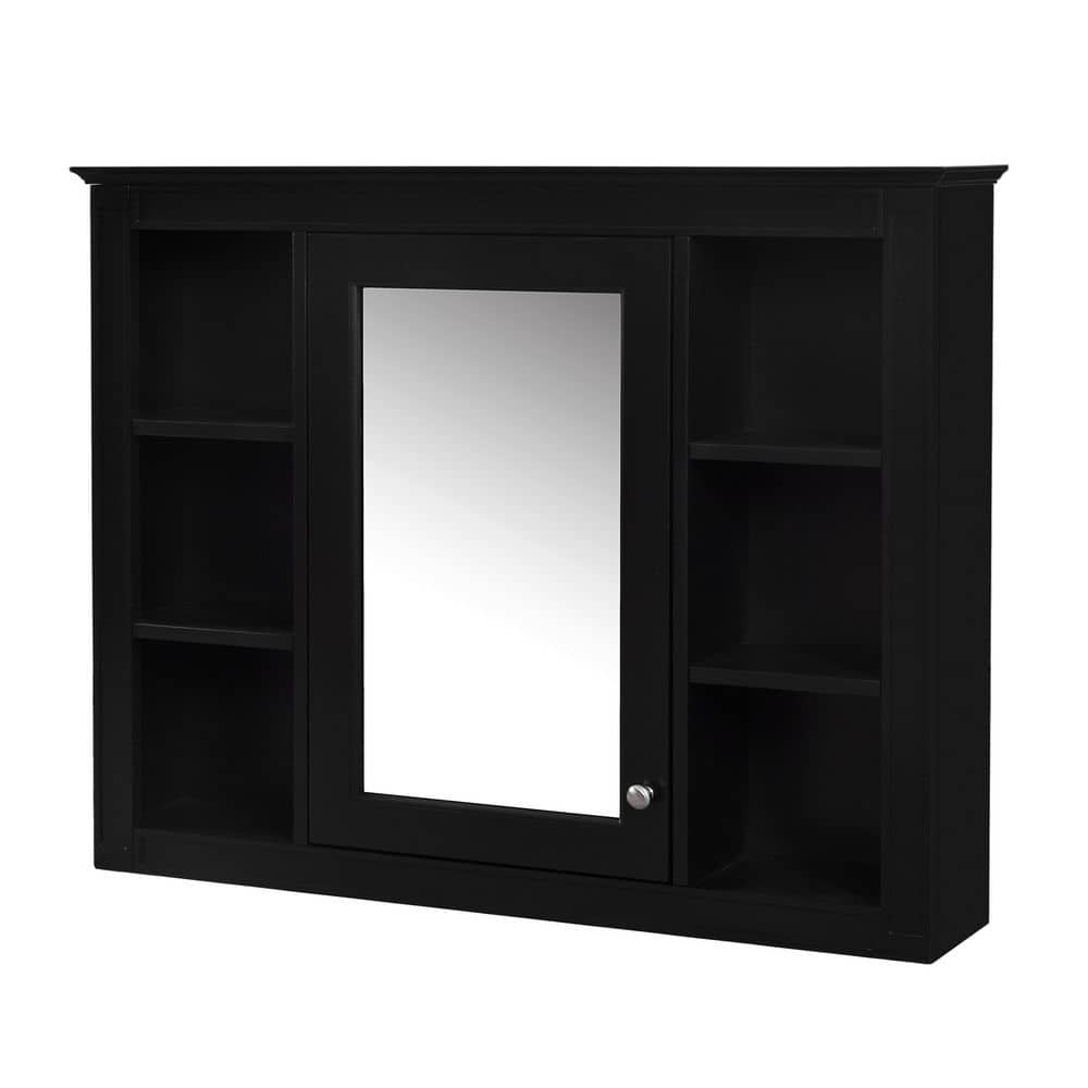 35 in. W x 27.5 in. H Rectangular Black MDF Surface Mount Medicine Cabinet with Mirror, with 6 Open Shelves price history on PriceWatchPro