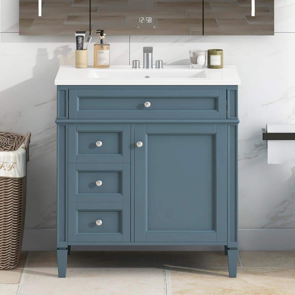 30 in. Single Sink Freestanding Solid Wood Frame Blue Bath Vanity with White Ceramic Top price history on PriceWatchPro