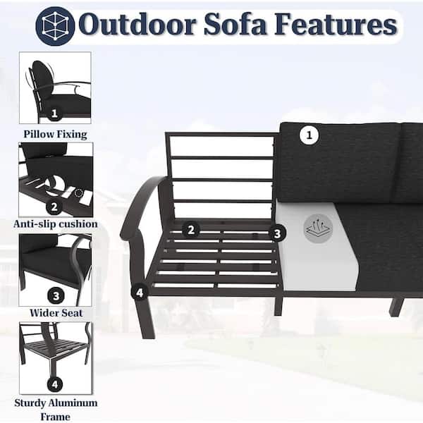 5-Piece Aluminum Patio Fire Pit Sectional Seating Set with armrest,Swivel Rocking Chairs,coffee table and Black Cushions