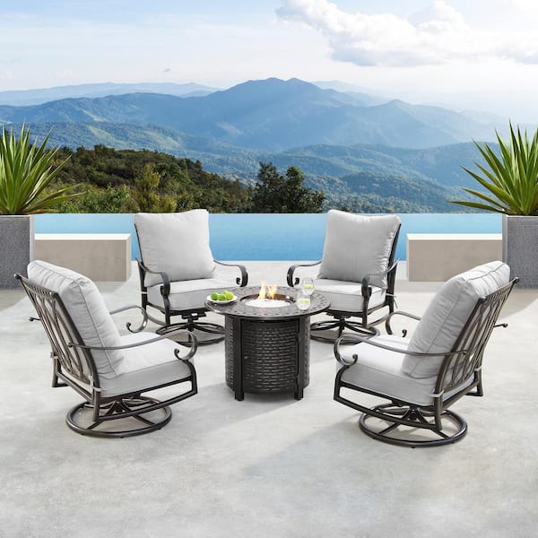 Oakland Living Rica Luxurious Antique Copper 5-Piece Aluminum Patio Fire Pit Deep Seating Set with Light Grey Cushions