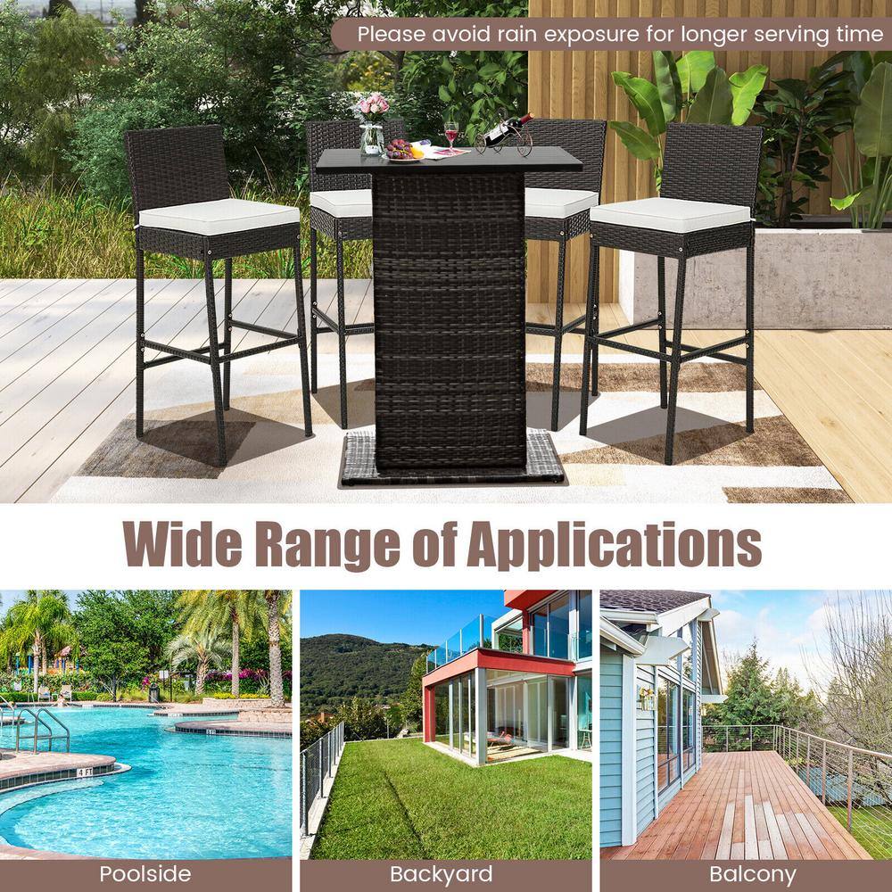 Black and Off-White Cushioned Wicker Barstools with Footrest - Set of 2