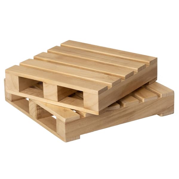 13" Set of 2 Rustic Wooden Pallet Display Stands Natural Wood Risers for Home Decor, Centerpiece, Candle, Beige